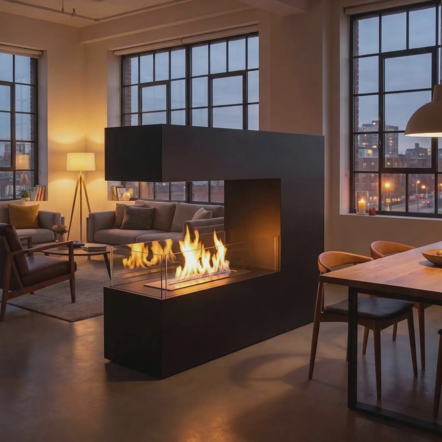 Video: Bioethanol-Kamin Topeka in Schwarz mit brennender Flamme als Raumteiler im Loft – Raumvisualisierung