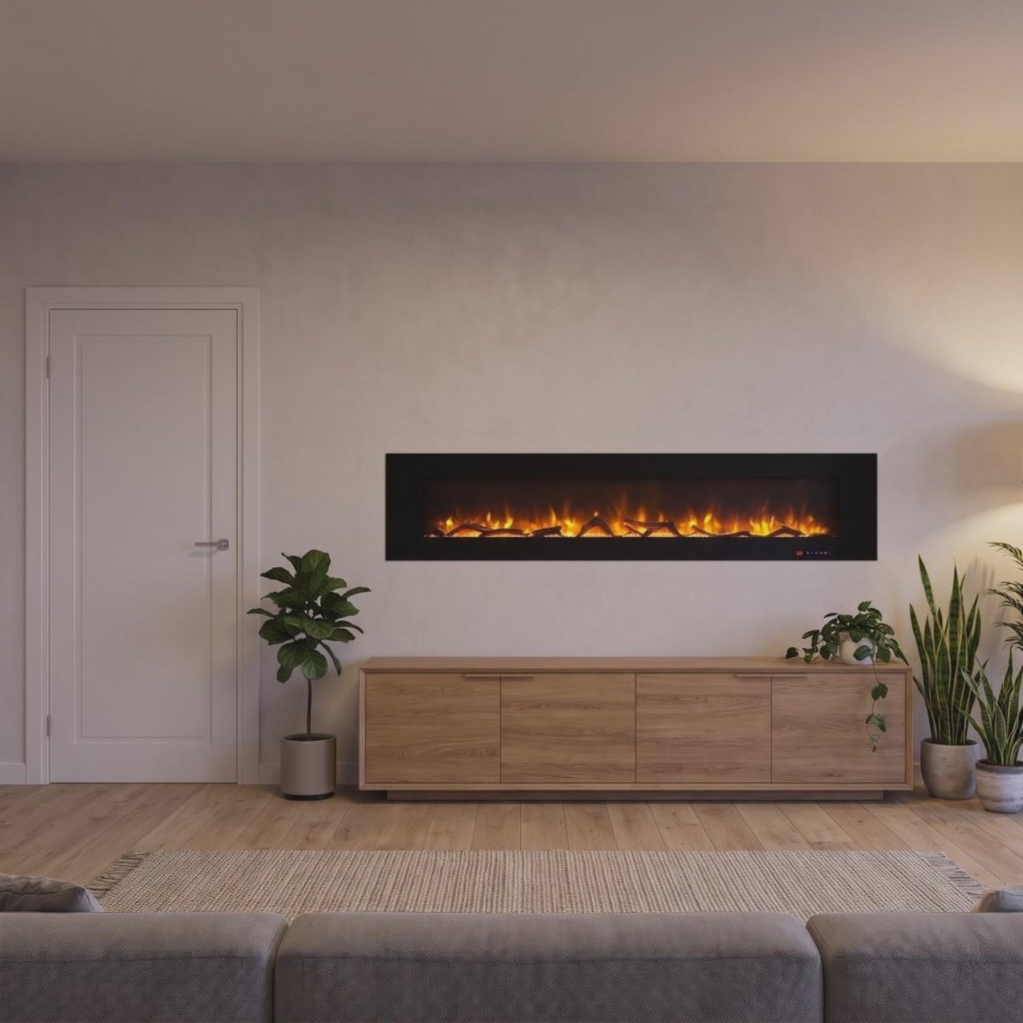 Video: Elektrokamin Azurite 213 cm in Schwarz mit LED-Flammeneffekt an einer langen Wohnzimmerwand – Raumvisualisierung