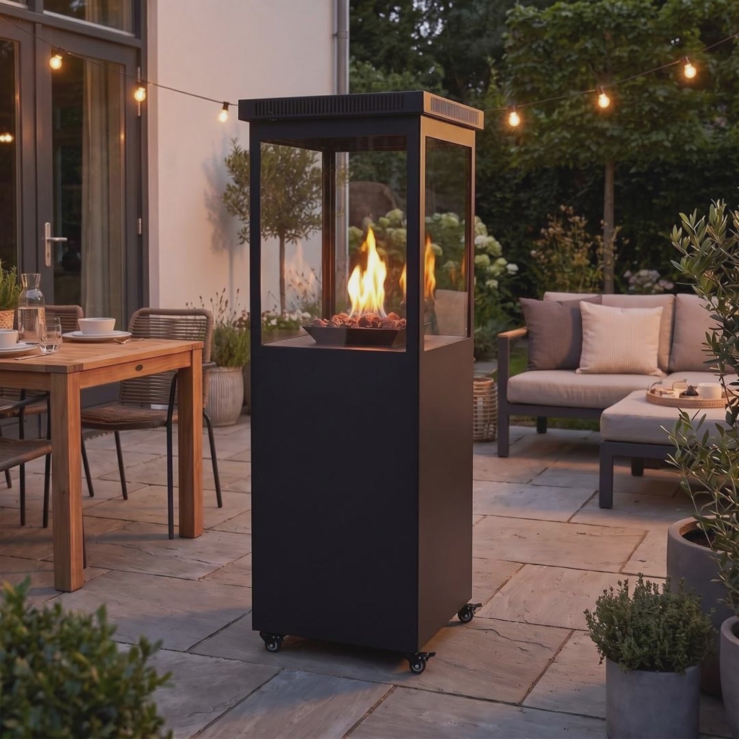 Video: Gas-Heizpilz Muztag Mallorca in Schwarz mit Flamme hinter Glas auf einer Gartenterrasse – Raumvisualisierung
