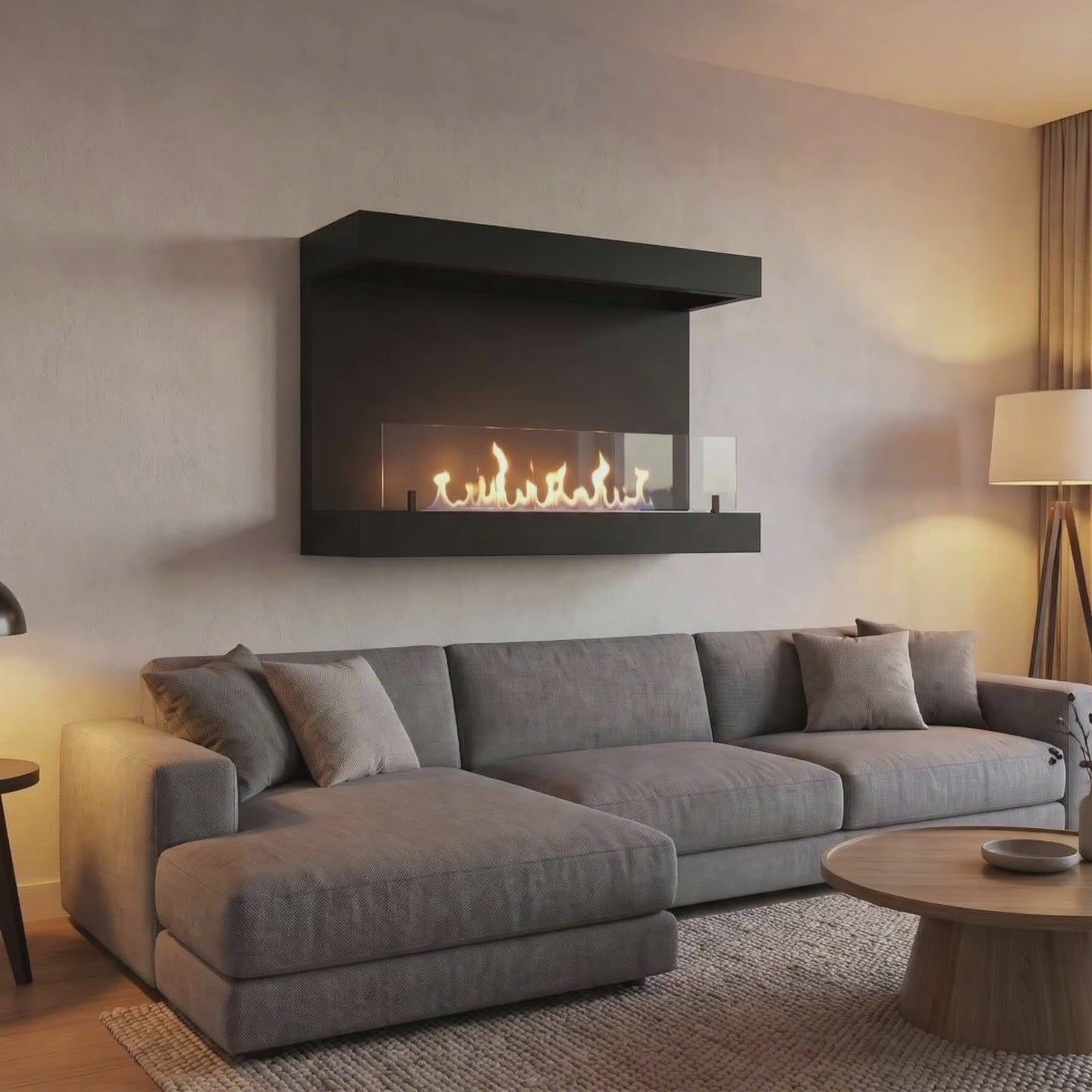 Video: Ethanol-Wandkamin Dakota in Schwarz mit brennender Flamme über dem Sofa – Raumvisualisierung