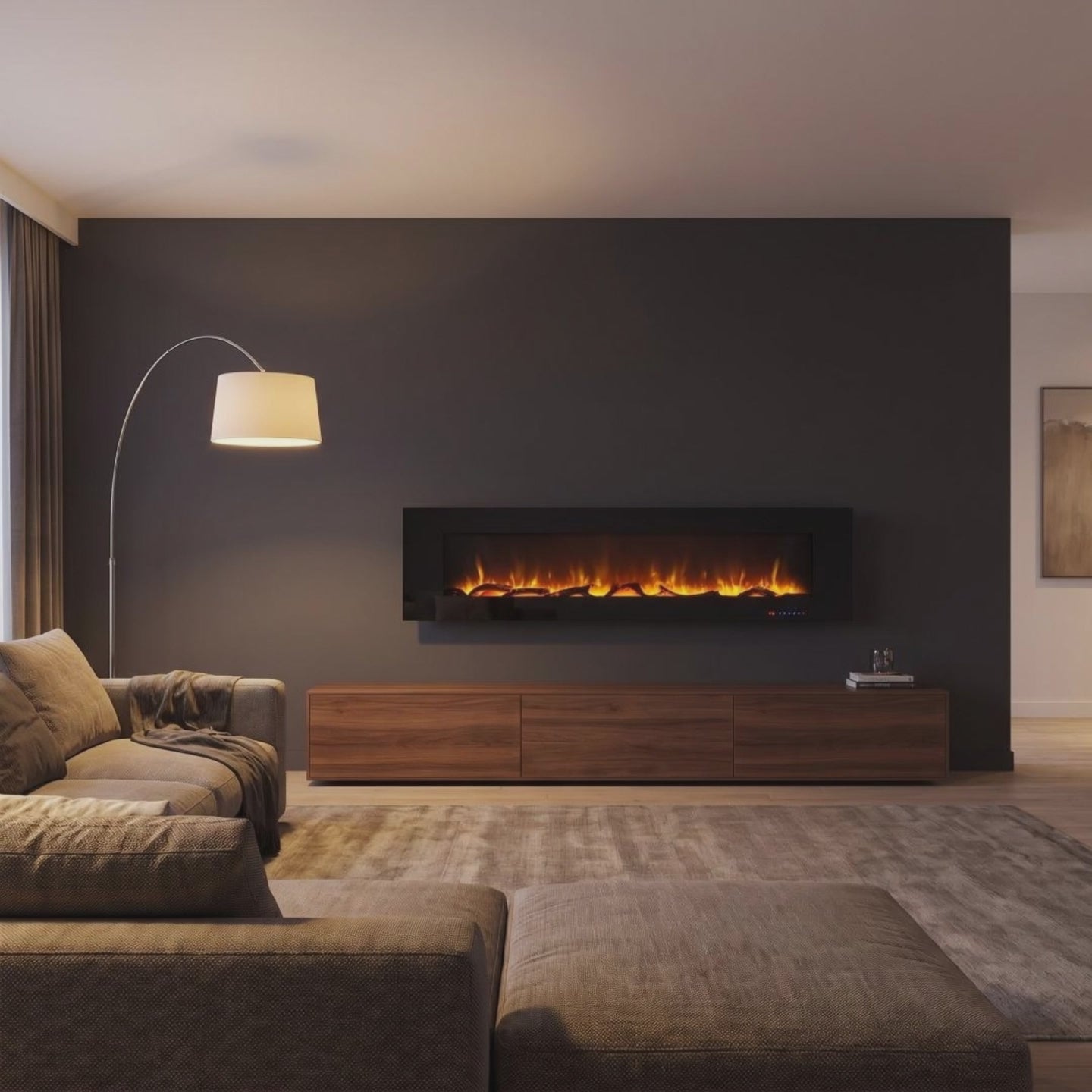 Video: Elektrokamin Azurite 182 cm in Schwarz mit LED-Flammeneffekt an einer dunklen Wand – Raumvisualisierung